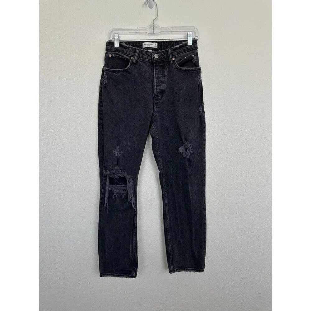 Abercrombie Curve Love Dad Jean Distressed Black Stretch Pockets Size 27 Petite